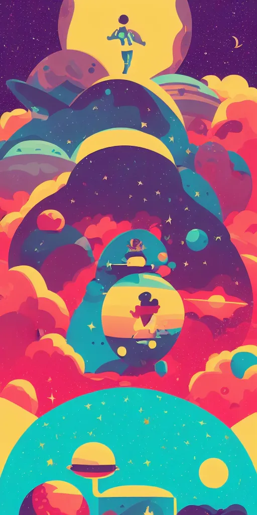 Prompt: lonley baby surrounded by colorful stars planets and galaxies, tom whalen, james gilleard, liam brazier, tristan eaton