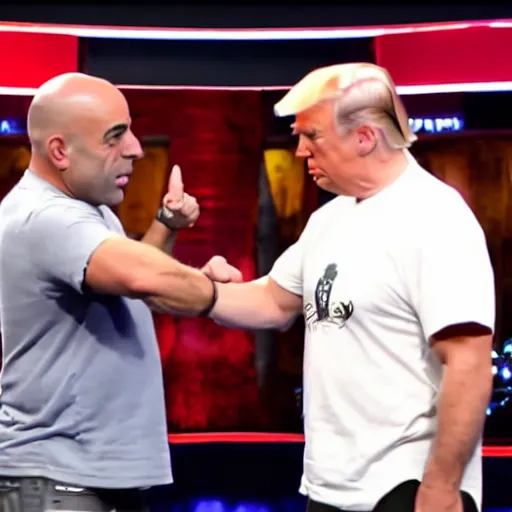 Image similar to joe rogan and donald trump fist bumping, high quality