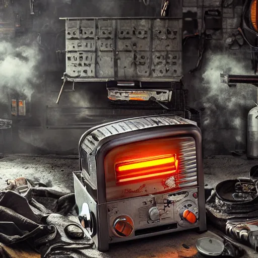 Prompt: toaster oven mecha head, dark messy smoke - filled cluttered workshop, dark, dramatic lighting, orange tint, sparks, cinematic, highly detailed, sci - fi, futuristic, movie still