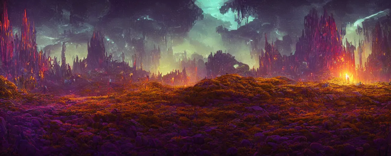 Image similar to ” otherwordly landscape at night, [ bioluminescense, cinematic, detailed, epic, widescreen, opening, establishing, mattepainting, photorealistic, realistic textures, octane render, art by slop and paul lehr ] ”