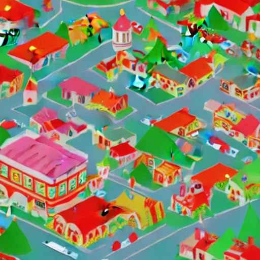 Image similar to orthographic view of a christmas themed town, happy, cute, bright colours, high detail, 8 k,