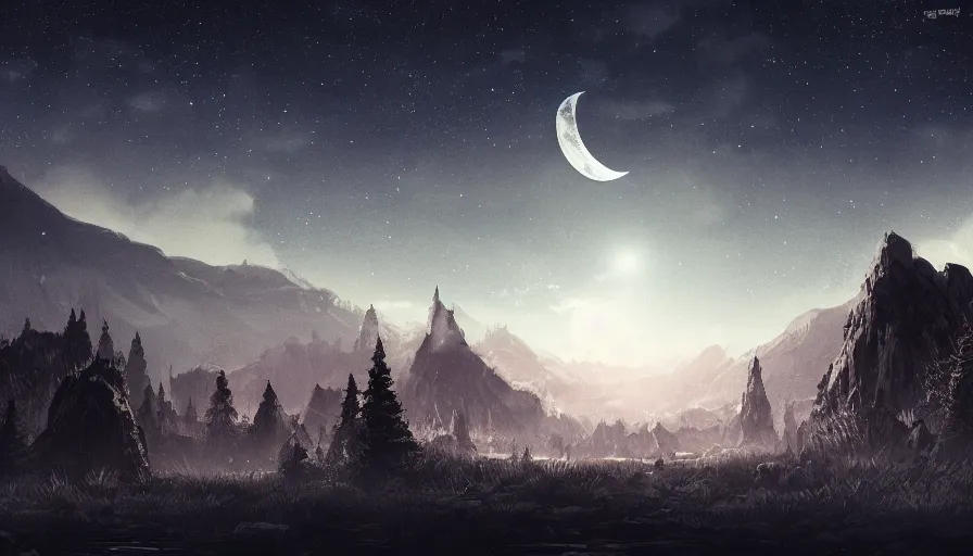 Image similar to a beautiful landscape at night, big moon on the right, stars in the sky, matte painting, dark blue tones, high contrast, intricate details, concept art, 4 k