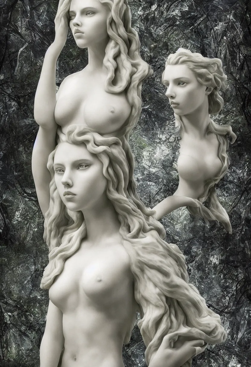 Image similar to scarlett johansson female marble statue in the middle of a dark forest, confident pose, coherent, insane detail, concept art, character concept, cinematic lighting, global illumination radiating a glowing aura