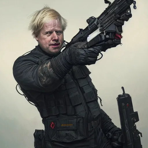 Image similar to Hyperrealistic portrait of Boris Johnson as Punisher, skull image on the vest, highly detailed, digital painting, artstation, concept art, smooth, sharp focus, illustration, cinematic lighting, art by artgerm and greg rutkowski and alphonse mucha