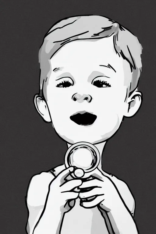 Image similar to a little boy with ginger hair blowing bubbles. clean elegant simple illustration, beautiful detailed face.