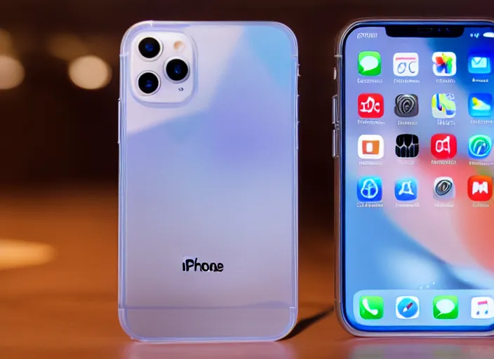 Image similar to product still of the new iphone 2 0 with a folding transparent holographic display in 2 0 2 9, 4 k, 8 5 mm f 1. 8