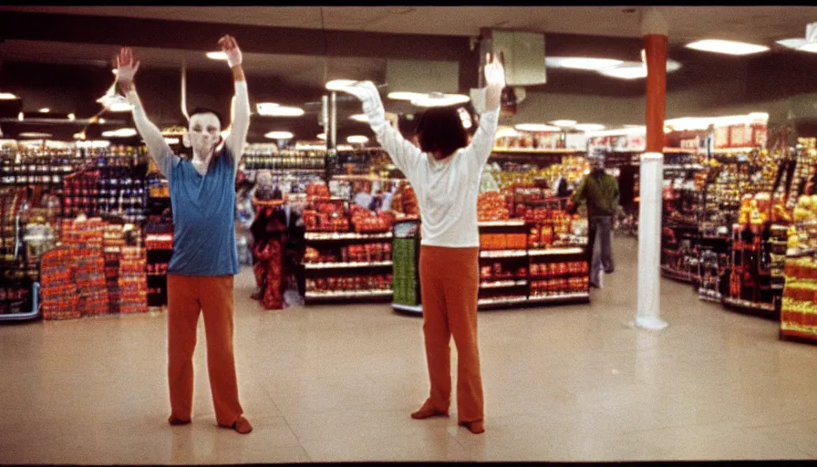 Prompt: 7 0 s film still from a horror movie featuring a person practicing qi gong in the middle of a grocery store, kodachrome, cinecolor, cinestill, photorealism, cinematic, film grain, film texture, vhs recording