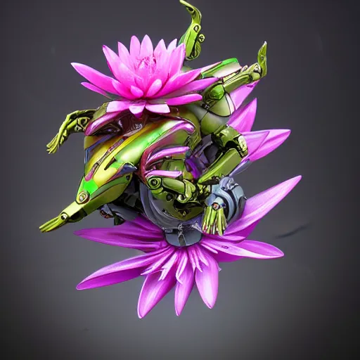 Image similar to futuristic nymphaea themed mecha waterlily flower for upper body android, cyberpunk, rococo, sci - fi movie, cinematic compositions, highly detailed, nymphaea, 8 k hd resolution, sazabi, biomechanical, bandai box art, makoto kobayashi, zaha hadid,