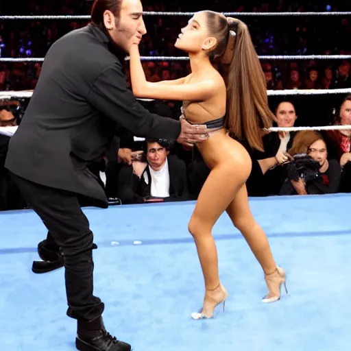 Image similar to ariana grande fights nicolas cage in ring