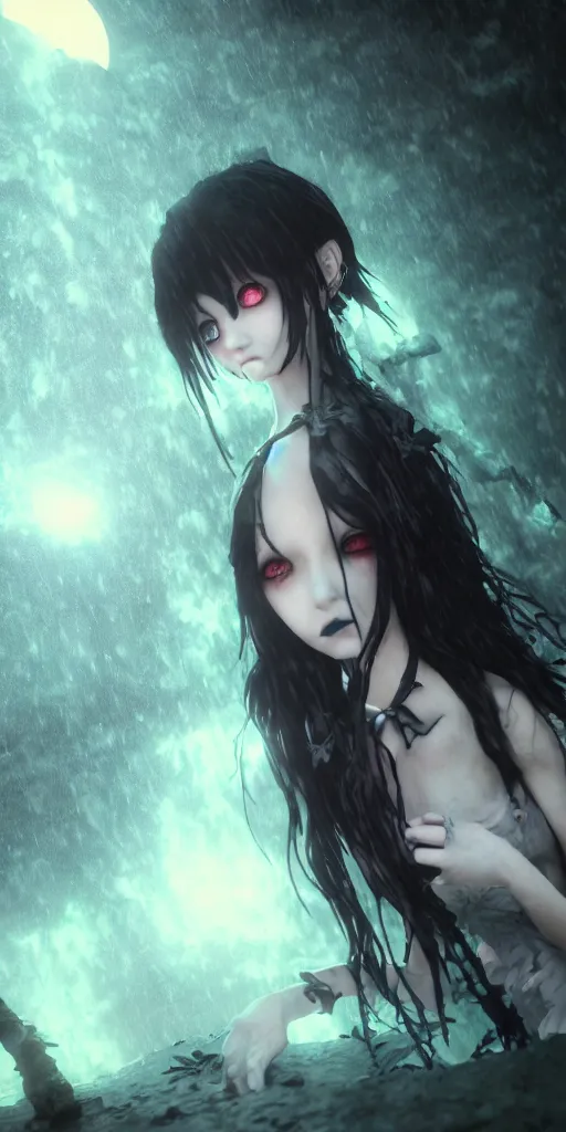 Image similar to full shot portrait of angry darkness cute anime girl under waterfall at moonlight, gothic wearing, inspired by Tim Burton, Norihiro Yagi, Marc Simonetti, Amano, Juri Misaki, detailed, unreal engine 4k volumetric light, fog,