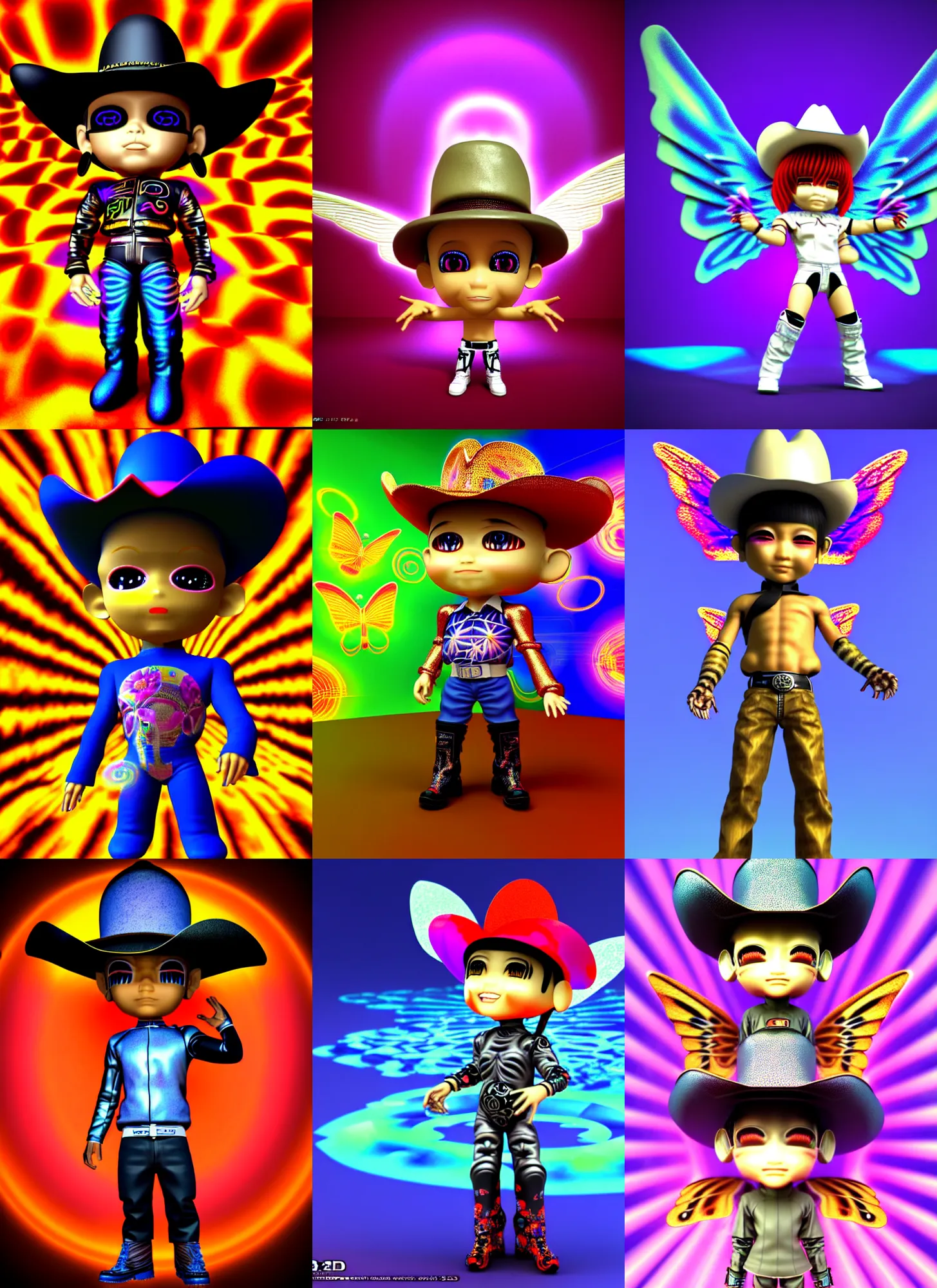 Prompt: 3d render of chibi cyborg in the style of Ichiro Tanida wearing a big cowboy hat and wearing angel wings against a psychedelic swirly background with 3d butterflies and 3d flowers n the style of 1990's CG graphics 3d rendered y2K aesthetic by Ichiro Tanida, 3DO magazine