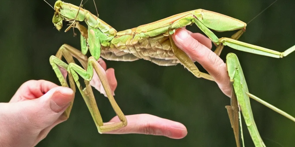 Prompt: praying mantis catches a cat, nature documentary
