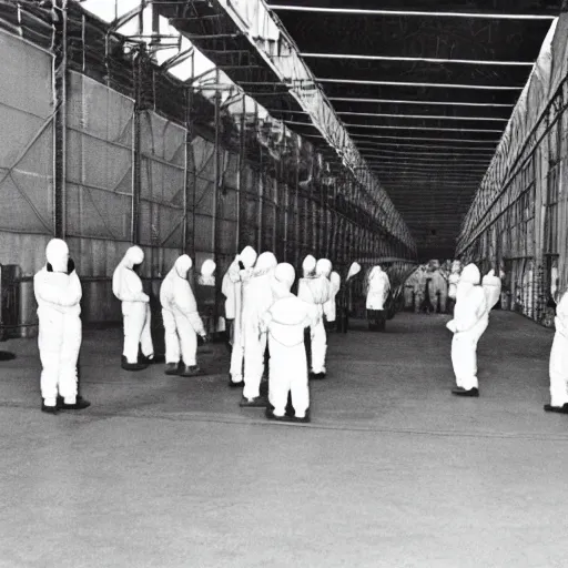 Prompt: flarge black triangle ship inside a hanger, old photo, vintage photo, grainy, realistic, real photo, men in hazmat suits standing around