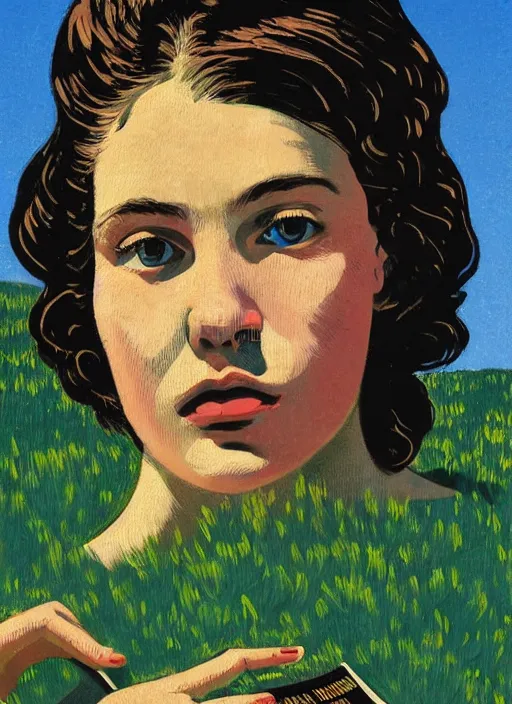 Image similar to an extreme close - up portrait of a girl reading in a scenic representation of mother nature and the meaning of life by billy childish, thick visible brush strokes, shadowy landscape painting in the background by beal gifford, vintage postcard illustration, minimalist cover art by mitchell hooks