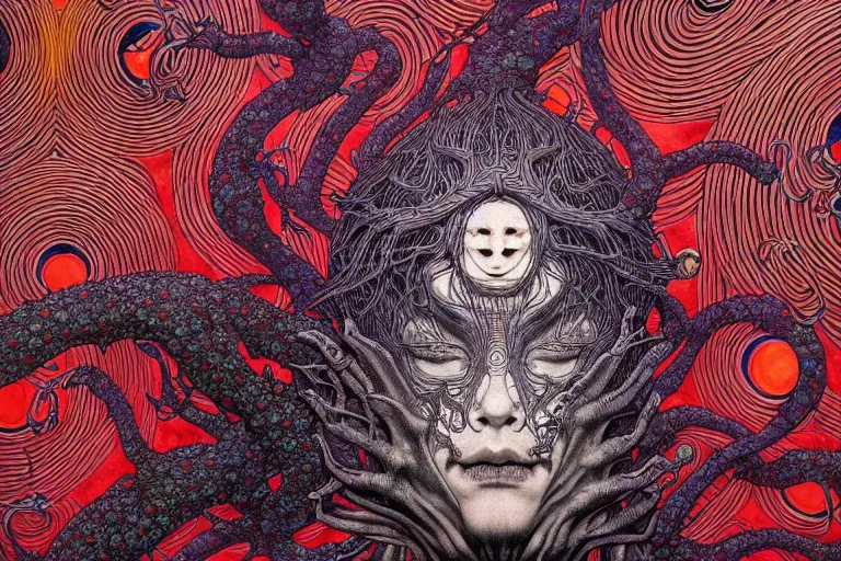 Image similar to realistic detailed image of the apocalypse, conjuring psychedelic background, part by takato yamamoto, part by alex gray, ross tran, james jean, ultra realistic, octane render, highly detailed, 8 k, trending on artstation, cosmic, symmetry, masterpiece