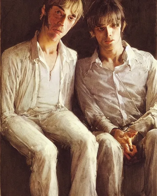 Image similar to two handsome but creepy siblings in layers of fear, with haunted eyes, 1 9 7 0 s, seventies, wallpaper, a little blood, moonlight showing injuries, delicate embellishments, painterly, offset printing technique, by coby whitmore, jules bastien - lepage