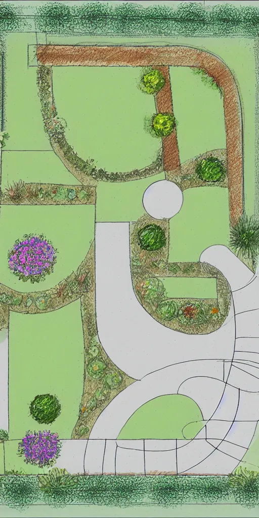 Image similar to highly technical garden plan, overhead plan sketch, garden design by charlotte rowe