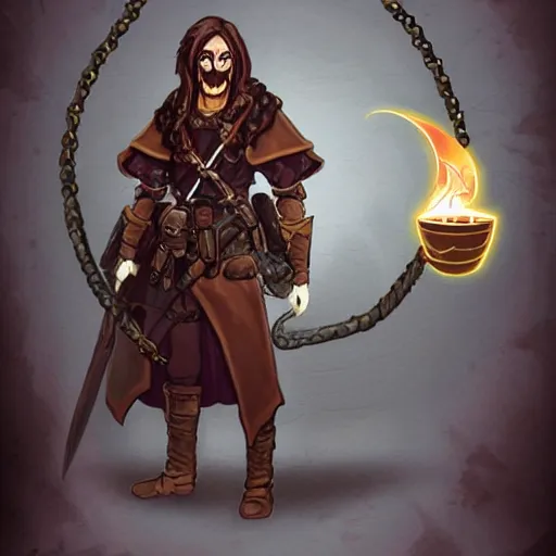 Prompt: DND concept character tan mercenary rogue, with long black hair, leather armor, possessed by a demon, holding a flask, grimoire neck chain