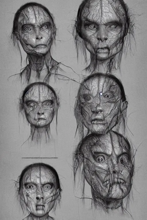 Image similar to asian facial anatomy with gunmetal grey skin, medical anatomy, very symmetrical face, highly detailed, three - perspective / three - view reference sheet ( front / back / side ), in the style of dan ouellette, steven jung, amanda lilleston, hr giger, sil from species, dren from splice, mecha, artstation, unreal engine