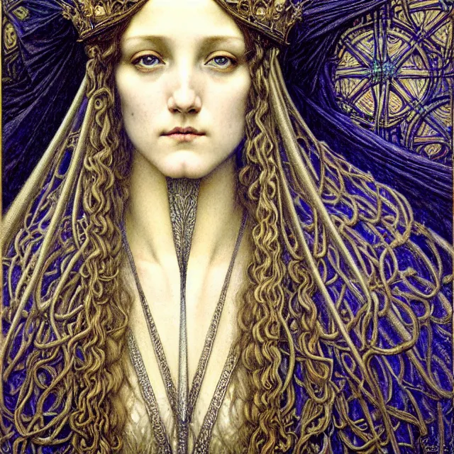 Image similar to detailed realistic beautiful young medieval queen face portrait by jean delville, gustave dore and marco mazzoni, art nouveau, symbolist, visionary, gothic, pre - raphaelite. horizontal symmetry