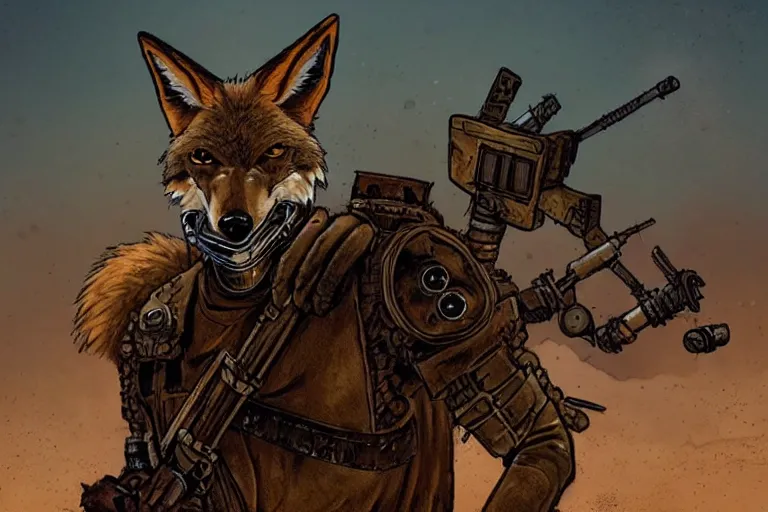 Image similar to a good ol'coyote fursona ( from the furry fandom ), heavily armed and armored facing down armageddon in a dark and gritty version from the makers of mad max : fury road. witness me.