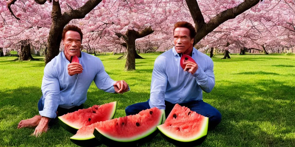 Prompt: photo, arnold schwarzenegger eats watermelon, japanese kimono, under sakura tree