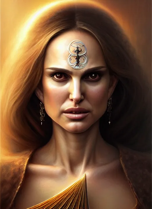 Image similar to portrait shot, natalie portman, sorceress, intricate, elegant, highly detailed, centered, digital painting, artstation, concept art, smooth, sharp focus, illustration, artgerm, tomasz alen kopera, peter mohrbacher, donato giancola, joseph christian leyendecker, wlop, boris vallejo