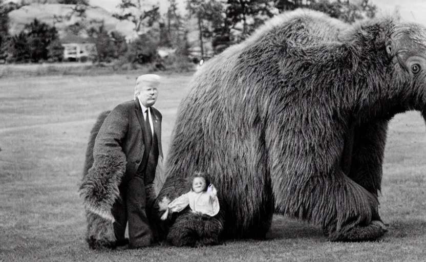 Image similar to Donald Trump in a baby mammoth costume , with an open face