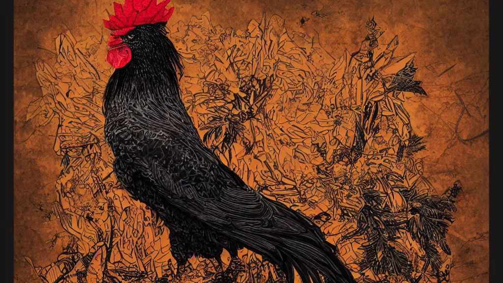 Image similar to dark military portrait of a majestic Fat!!!! Black Rooster, the King of rooster old decrepit tarot card, avian warrior, red gold black royal tarot card background, with blunt brown border and Cannabis trees, ultra-detailed pen and ink illustration, sharp focus, matte painting, symmetrical, golden ratio, cgsociety, concept art, 8k, octane render, artstation, art by Gerald Brom