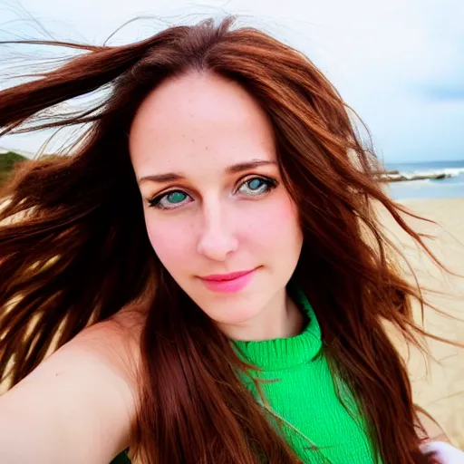 Prompt: Selfie photograph of a cute and beautiful woman with long shiny bronze brown hair and green eyes, 8k, natural lighting, beach background, medium shot, mid-shot,