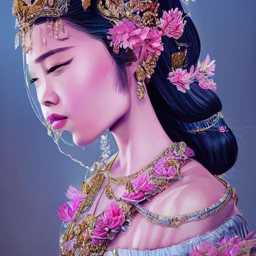 Prompt: a stunning artstation style portrait painting of a beautiful bali princess by kittichai rueangchaichan, in the style of WLOP, floralpunk, Artstation, intricate details, cinematic lighting, pristine clean design, realistic, irresistable, insanely detailed