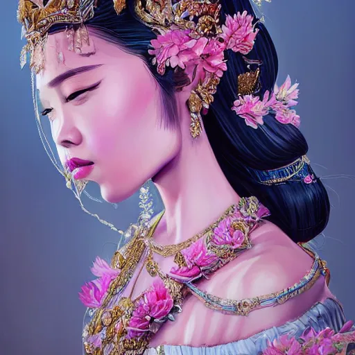 Image similar to a stunning artstation style portrait painting of a beautiful bali princess by kittichai rueangchaichan, in the style of WLOP, floralpunk, Artstation, intricate details, cinematic lighting, pristine clean design, realistic, irresistable, insanely detailed