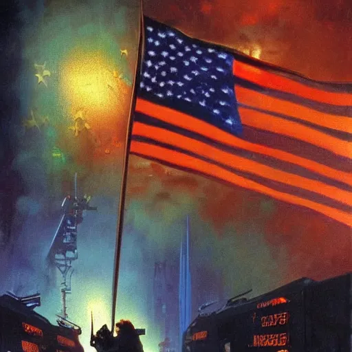 Prompt: a dark and colorful close - up of a sci - fi 4 th - of - july independence day with led lights glowing fog in the background. highly detailed science fiction painting by norman rockwell, frank frazetta, and syd mead. rich colors, high contrast, gloomy atmosphere, dark background. trending on artstation