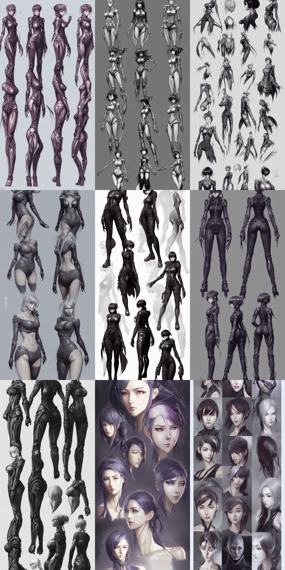 Prompt: concept character sheet, beautiful anime style women with a gorgeous symmetrical faces and anatomically correct bodies, cyberpunk, sci - fi, fantasy, intricate, elegant, highly detailed, digital painting, artstation, concept art, smooth, sharp focus, illustration, beautiful light and shadows, art by artgerm and greg rutkowski and krenz cushart and wlop