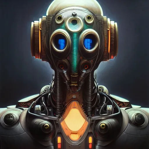 Image similar to low angle shot of a cyberpunk gazmask robot character, intricate, elegant, highly detailed, centered, digital painting, artstation, concept art, smooth, sharp focus, illustration, artgerm, Tomasz Alen Kopera, Peter Mohrbacher, donato giancola, Joseph Christian Leyendecker, WLOP, Boris Vallejo