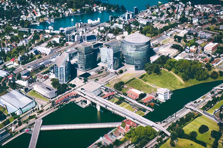 Image similar to bird's eye view photography of a small city. town hall, central farm, monorail station, beach and shipping dock. hills, woods and lake to the north.