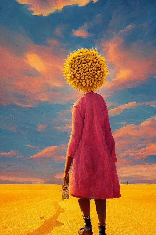 Image similar to giant corn flower head, girl walking in the desert, surreal photography, sunrise, dramatic light, impressionist painting, colorful clouds, digital painting, artstation, simon stalenhag