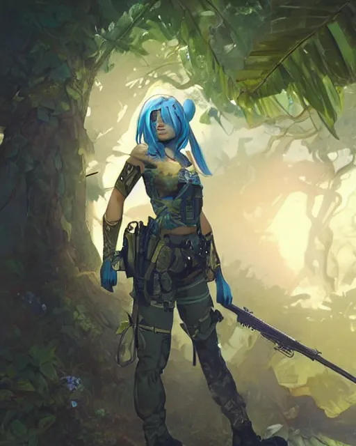 Image similar to stunningly beautiful girl with blue hair, blue eyes, fantasy art, military girl, army girl outfit, soldier helmet, jungle background, dark light night, sharp focus, digital painting, 8 k, concept art, art by wlop, artgerm, greg rutkowski and alphonse mucha