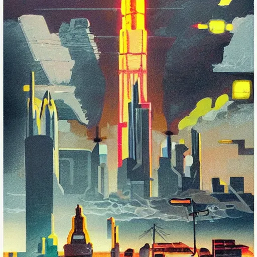 Image similar to city of light under a bright cloudy sky, overexposed retro science fiction vintage art