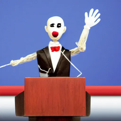 Image similar to string marionette of a president with clown makeup in a podium and a human shadow behind