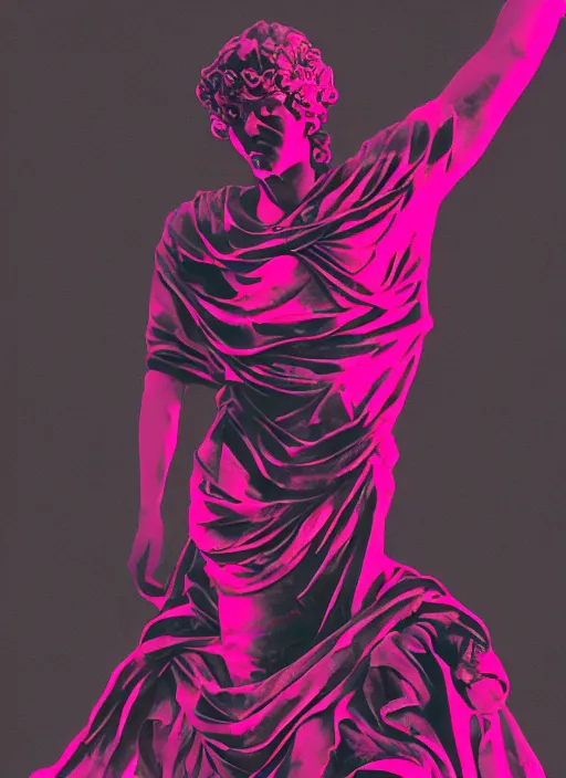 Prompt: black background with subtle red and purple design elements, greco roman statue, grey, nekro, collage art, thin lines, dark, glitch art, neo vaporwave, gritty, layout frame, trending on artstation