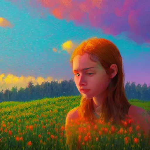 Image similar to girl with one flower as a face, in a field with flowers, hills, big trees, sunrise dramatic light, impressionist painting, colorful clouds, digital painting, pointillism, artstation, simon stalenhag