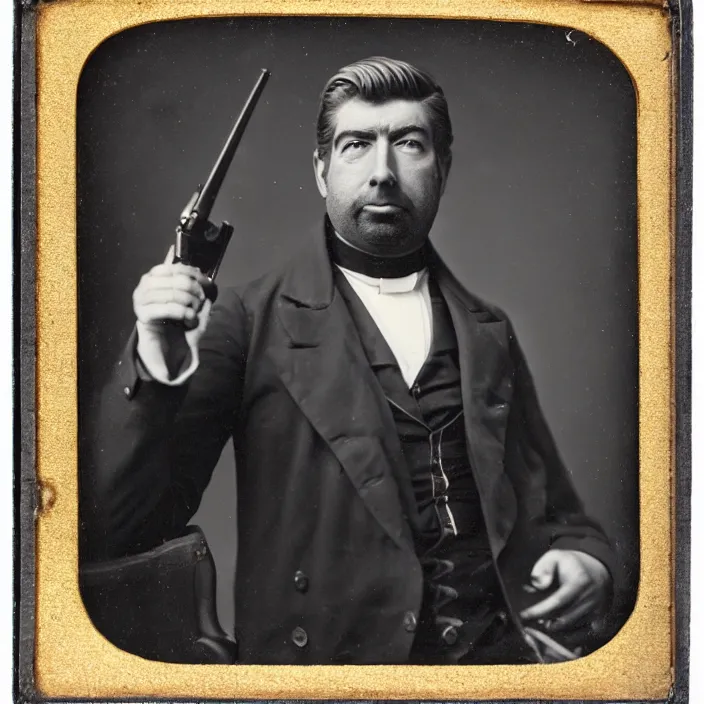 Prompt: hyper realistic and detailed full-lenght portrait photo of Patrick Balkany standing with a revolver, by Félix Nadar, daguerréotype calotype HD 4k