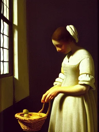 Prompt: The Milkmaid by Vermeer as a photograph, award-winning photography, 35mm