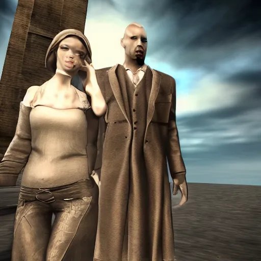 Image similar to a man and a woman standing next to each other, a screenshot by The Mazeking, deviantart, international gothic, xbox 360 graphics, dynamic pose, playstation 5 screenshot,
