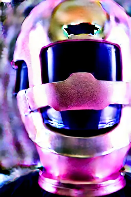 Image similar to a high definition film photograph of a normal androgynous robot human wearing a plain white t - shirt, in a pastel pink room. happy. metal visor covering eyes. metallic shiny gold coloured helmet. crushed shadows.