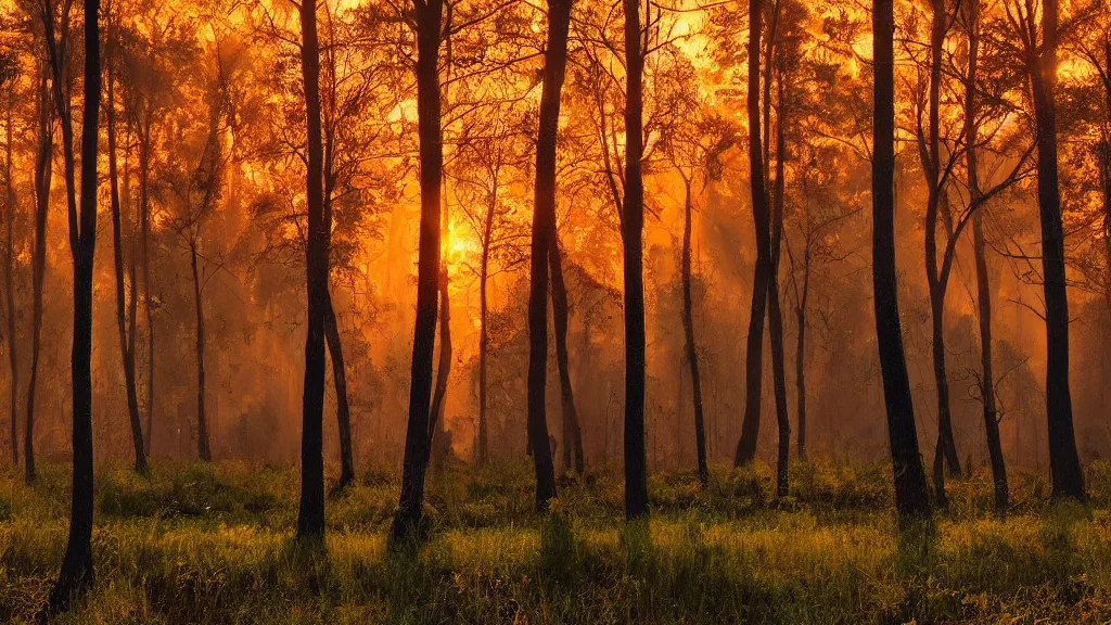 Prompt: forest with park, sunrise, orange glow, by greg rutkowsky and ivan shishkin,