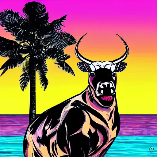 Image similar to bull headed human in the style of gta v artwork, digital art, tropical sunset