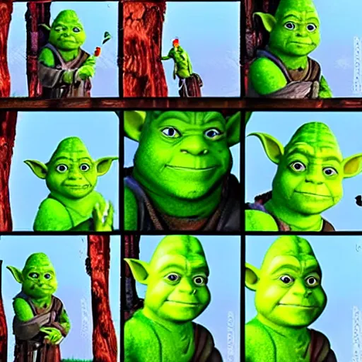 Image similar to yoda training shrek with lightsabers in swamp with donkey watching colorful detailed 1 2 0 k ultra hyper wow very very