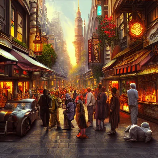 Image similar to a busy fantasy street scene from within a beautiful and ornate city, hyper realistic digital art, beautiful painting, detailed, cinematic, great composition